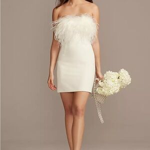 David’s Bridal. Strapless Crepe Feather Trim Mini Dress